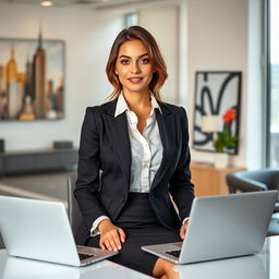 A stylish young woman in a modern office environment, wearing chic office attire