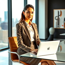 A stylish young woman in a modern office environment, wearing chic office attire