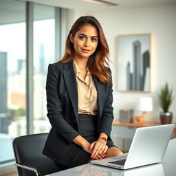 A stylish young woman in a modern office environment, wearing chic office attire