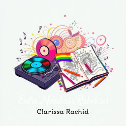 A book cover design for the title "Entre Melodias e Rabiscos", featuring two key objects that represent the themes of music and art