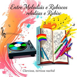 A book cover design for the title "Entre Melodias e Rabiscos", featuring two key objects that represent the themes of music and art