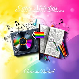 A book cover design for the title "Entre Melodias e Rabiscos", featuring two key objects that represent the themes of music and art