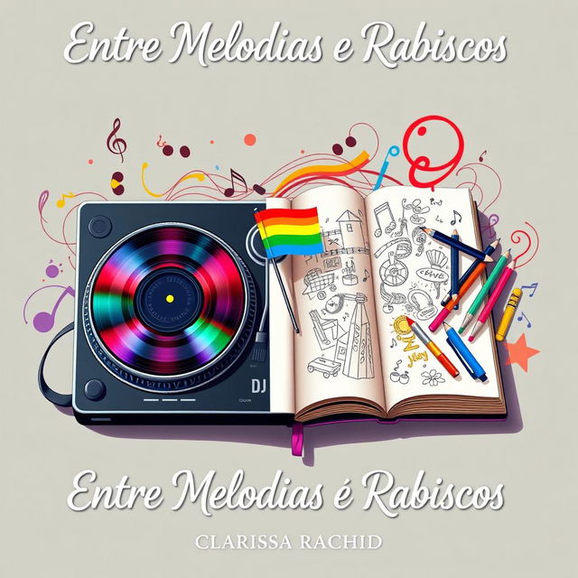 A book cover design for the title "Entre Melodias e Rabiscos", featuring two key objects that represent the themes of music and art