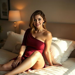 A young white woman in a burgundy one-shoulder mini dress, sitting on her bed