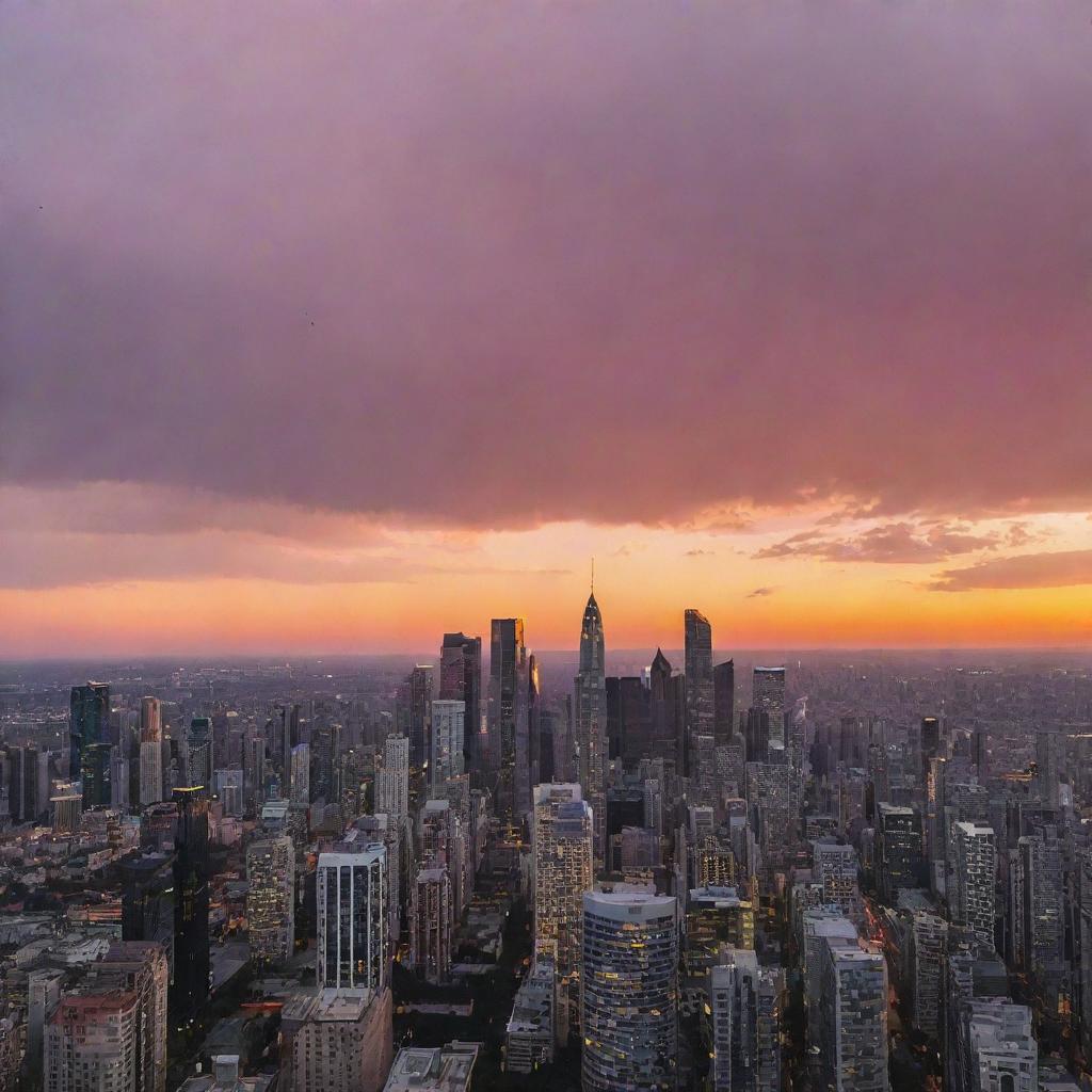 An enchanting sunset over an unknown city, with radiant beams of orange and pink piercing through clusters of skyscrapers, mirrored man-made grandeur, creating a stunning contrast.