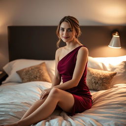 A young white woman in a burgundy one-shoulder mini dress, sitting on her bed