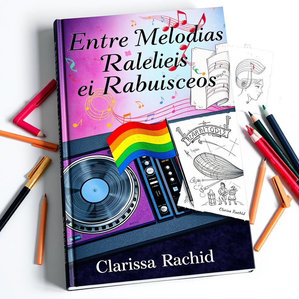 A book cover titled "Entre Melodias e Rabiscos" featuring a creative concept that illustrates an impossible love story between a DJ and an illustrator