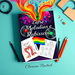 A book cover titled "Entre Melodias e Rabiscos" featuring a creative concept that illustrates an impossible love story between a DJ and an illustrator