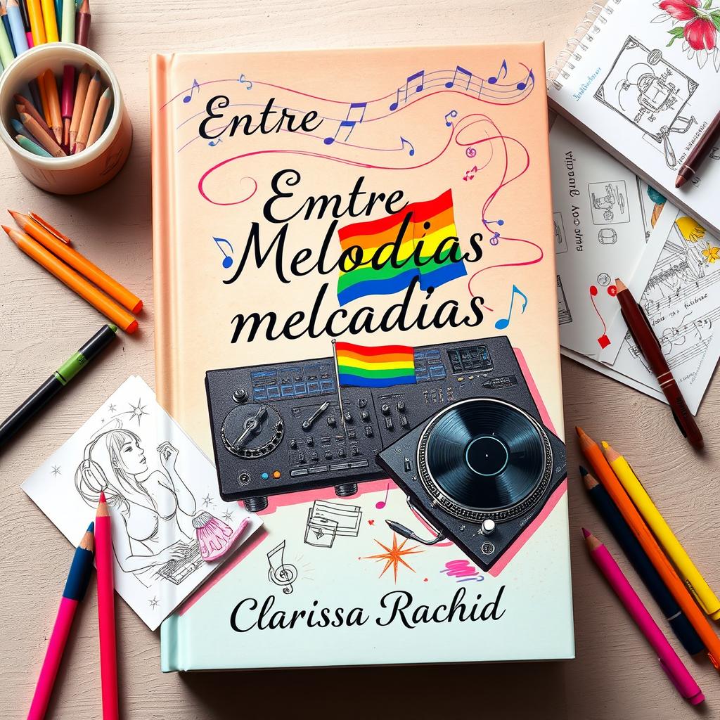 A book cover titled "Entre Melodias e Rabiscos" featuring a creative concept that illustrates an impossible love story between a DJ and an illustrator