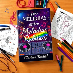 A book cover titled "Entre Melodias e Rabiscos" featuring a creative concept that illustrates an impossible love story between a DJ and an illustrator