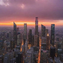 An enchanting sunset over an unknown city, with radiant beams of orange and pink piercing through clusters of skyscrapers, mirrored man-made grandeur, creating a stunning contrast.