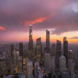 An enchanting sunset over an unknown city, with radiant beams of orange and pink piercing through clusters of skyscrapers, mirrored man-made grandeur, creating a stunning contrast.