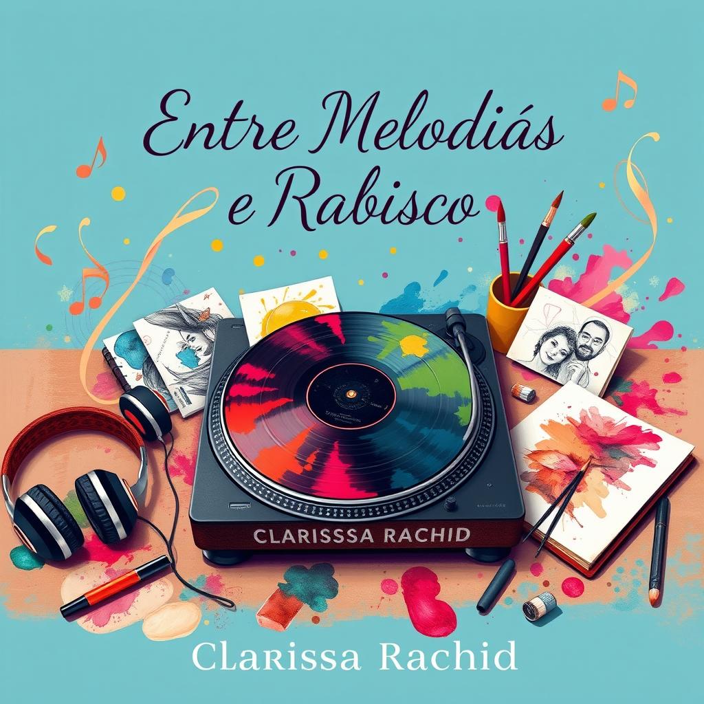 A captivating book cover design for 'Entre Melodias e Rabiscos', depicting a harmonious blend of a DJ's world and an artist's studio