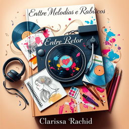 A captivating book cover design for 'Entre Melodias e Rabiscos', depicting a harmonious blend of a DJ's world and an artist's studio