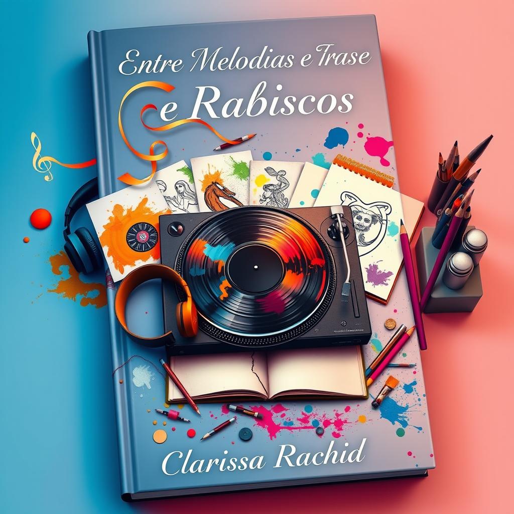 A captivating book cover design for 'Entre Melodias e Rabiscos', depicting a harmonious blend of a DJ's world and an artist's studio