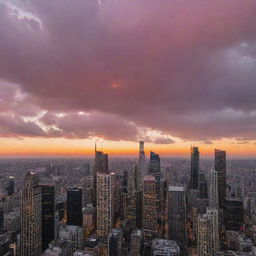 An enchanting sunset over an unknown city, with radiant beams of orange and pink piercing through clusters of skyscrapers, mirrored man-made grandeur, creating a stunning contrast.