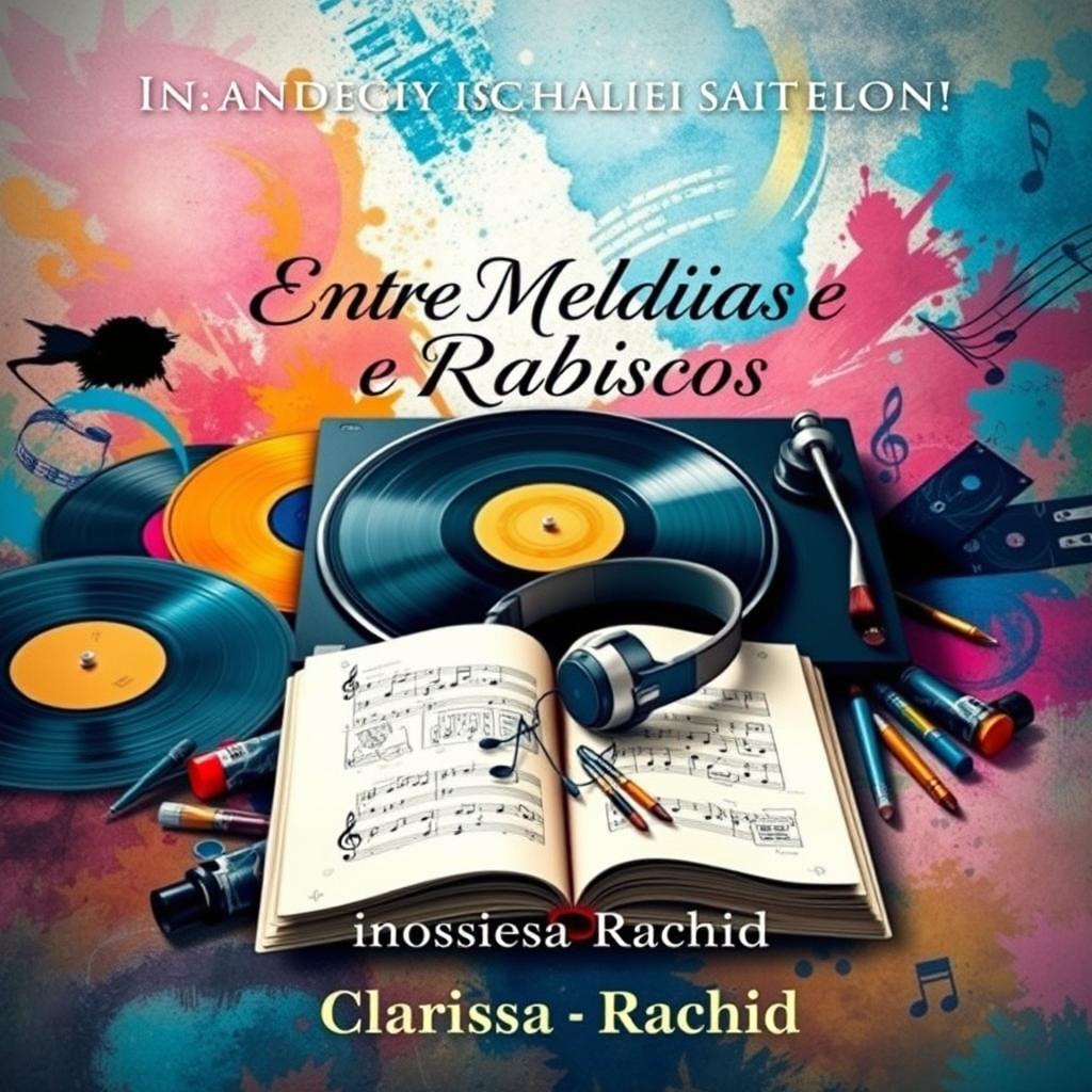 A stunning book cover design for 'Entre Melodias e Rabiscos', illustrating the story of an impossible love between a DJ and an artist through symbolic objects