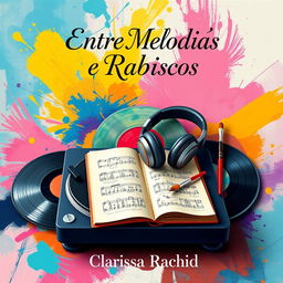 A stunning book cover design for 'Entre Melodias e Rabiscos', illustrating the story of an impossible love between a DJ and an artist through symbolic objects