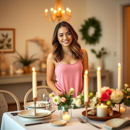 A beautiful young woman standing beside a dinner table, wearing a pink tank top and cute short pajamas