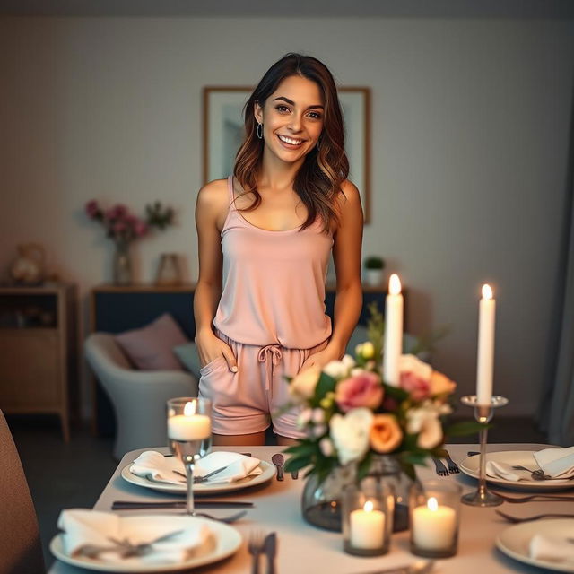 A beautiful young woman standing beside a dinner table, wearing a pink tank top and cute short pajamas