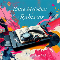 A stunning book cover design for 'Entre Melodias e Rabiscos', illustrating the story of an impossible love between a DJ and an artist through symbolic objects