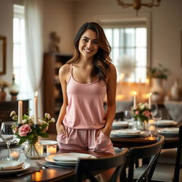 A beautiful young woman standing beside a dinner table, wearing a pink tank top and cute short pajamas