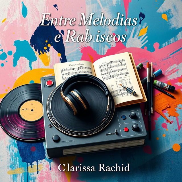 A stunning book cover design for 'Entre Melodias e Rabiscos', illustrating the story of an impossible love between a DJ and an artist through symbolic objects