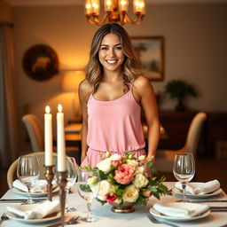 A beautiful young white woman standing beside a dinner table, wearing a pink tank top and cute short pajamas