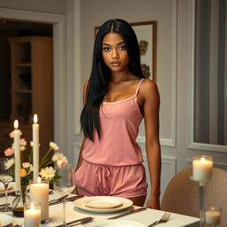 A beautiful young white woman standing beside a dinner table, wearing a pink tank top and short pajamas