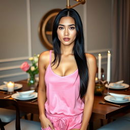 A beautiful young white woman standing beside a dinner table, wearing a pink tank top and short pajamas