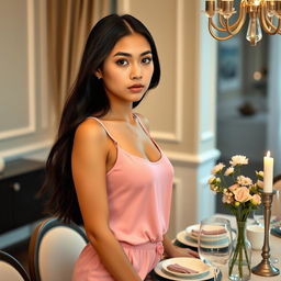 A beautiful young white woman standing beside a dinner table, wearing a pink tank top and short pajamas