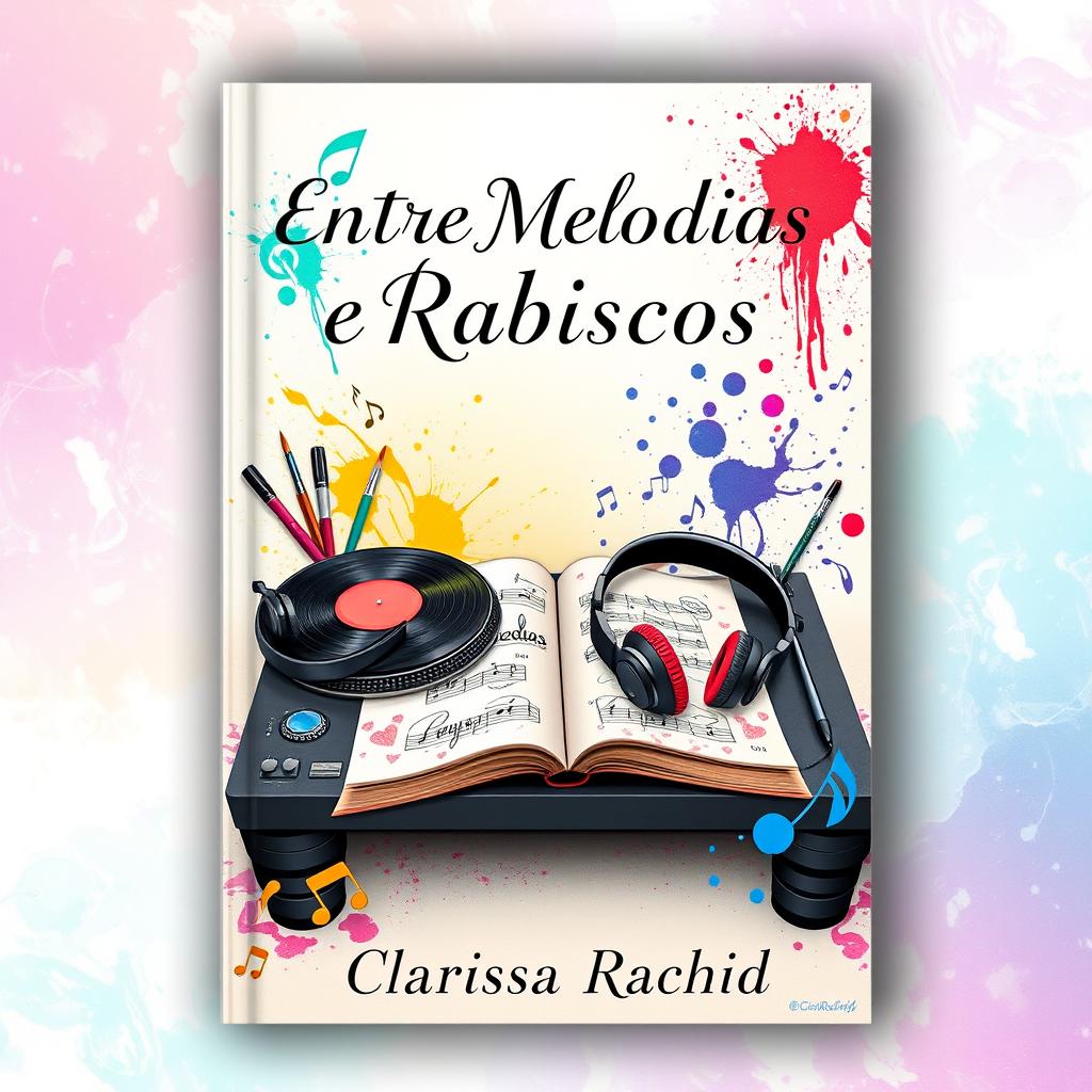 An enchanting book cover for 'Entre Melodias e Rabiscos', illustrating the theme of impossible love between a DJ and a sketch artist using symbolic objects