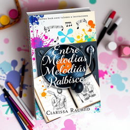 An enchanting book cover for 'Entre Melodias e Rabiscos', illustrating the theme of impossible love between a DJ and a sketch artist using symbolic objects