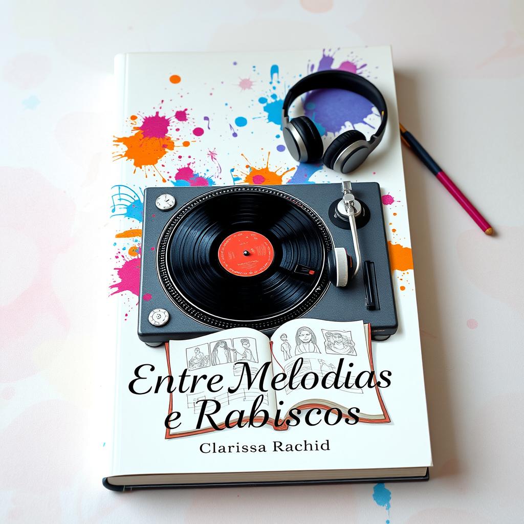 An enchanting book cover for 'Entre Melodias e Rabiscos', illustrating the theme of impossible love between a DJ and a sketch artist using symbolic objects