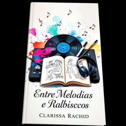 An enchanting book cover for 'Entre Melodias e Rabiscos', illustrating the theme of impossible love between a DJ and a sketch artist using symbolic objects