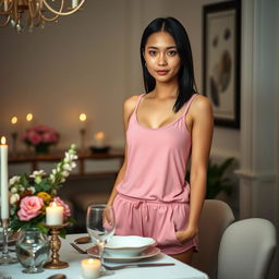 A beautiful young American white woman standing beside a dinner table, wearing a pink tank top and short pajamas