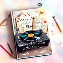 An artistic book cover for 'Entre Melodias e Rabiscos', illustrating the enchanting tale of an impossible love between a DJ and a sketch artist through imaginative objects