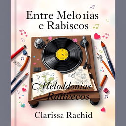 An artistic book cover for 'Entre Melodias e Rabiscos', illustrating the enchanting tale of an impossible love between a DJ and a sketch artist through imaginative objects