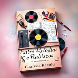 An artistic book cover for 'Entre Melodias e Rabiscos', illustrating the enchanting tale of an impossible love between a DJ and a sketch artist through imaginative objects