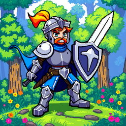 A colorful pixel art character featuring a brave knight in shiny armor, wielding a sword and shield