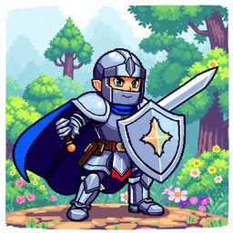 A colorful pixel art character featuring a brave knight in shiny armor, wielding a sword and shield