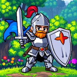 A colorful pixel art character featuring a brave knight in shiny armor, wielding a sword and shield