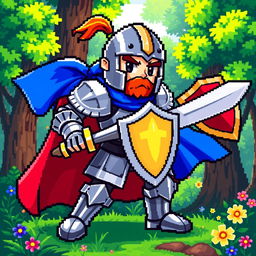 A colorful pixel art character featuring a brave knight in shiny armor, wielding a sword and shield