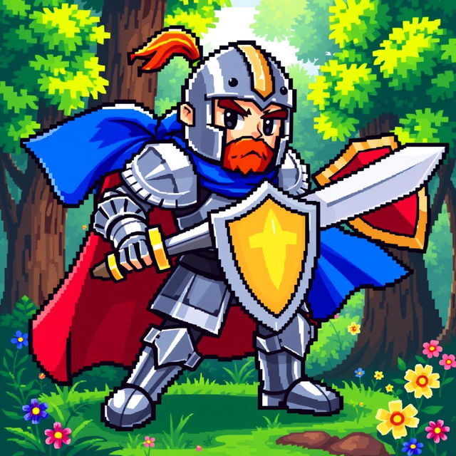 A colorful pixel art character featuring a brave knight in shiny armor, wielding a sword and shield