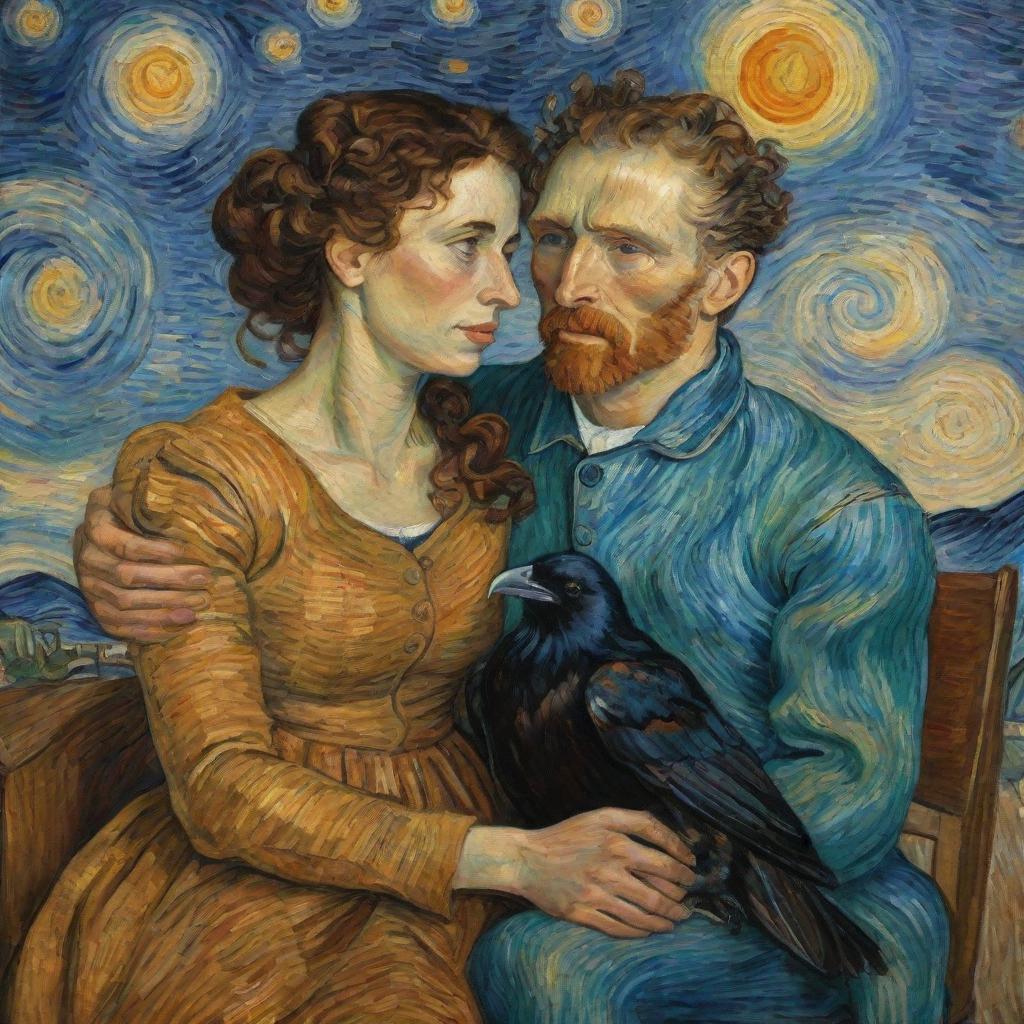 Generate a fantastical romantic scene in Van Gogh's style, featuring an idealized couple exuding love and complicity, sitting across each other, both with curly hair. The woman, a raven-haired mulata with honey-colored eyes, and the man, with his dark brown hair close-shaven on the sides and brown eyes, holding hands, looking at each other with deep love, both wearing perfectly matched red or blue outfits.