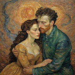 Generate a fantastical romantic scene in Van Gogh's style, featuring an idealized couple exuding love and complicity, sitting across each other, both with curly hair. The woman, a raven-haired mulata with honey-colored eyes, and the man, with his dark brown hair close-shaven on the sides and brown eyes, holding hands, looking at each other with deep love, both wearing perfectly matched red or blue outfits.