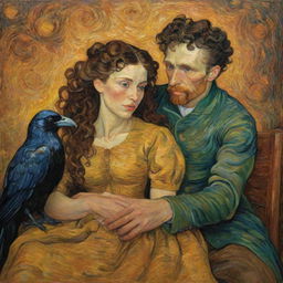 Generate a fantastical romantic scene in Van Gogh's style, featuring an idealized couple exuding love and complicity, sitting across each other, both with curly hair. The woman, a raven-haired mulata with honey-colored eyes, and the man, with his dark brown hair close-shaven on the sides and brown eyes, holding hands, looking at each other with deep love, both wearing perfectly matched red or blue outfits.