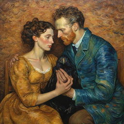 Generate a fantastical romantic scene in Van Gogh's style, featuring an idealized couple exuding love and complicity, sitting across each other, both with curly hair. The woman, a raven-haired mulata with honey-colored eyes, and the man, with his dark brown hair close-shaven on the sides and brown eyes, holding hands, looking at each other with deep love, both wearing perfectly matched red or blue outfits.