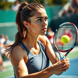 A close-up shot of a woman playing tennis, showcasing her focused expression and athletic prowess