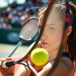 A close-up shot of a woman playing tennis, showcasing her focused expression and athletic prowess